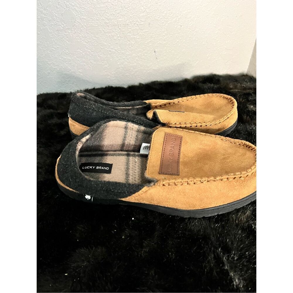 Lucky Brand Micro Suede Brown Plaid Moccasin Slippers Men's Size L 11 12